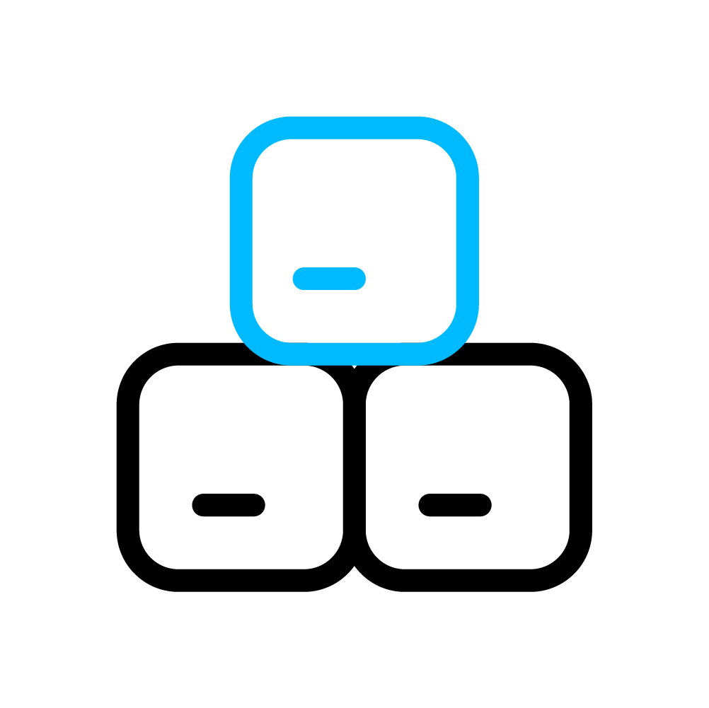 Ícone Loggi representando pacotes com dois quadrados pretos em baixo e um azul em cima no meio.