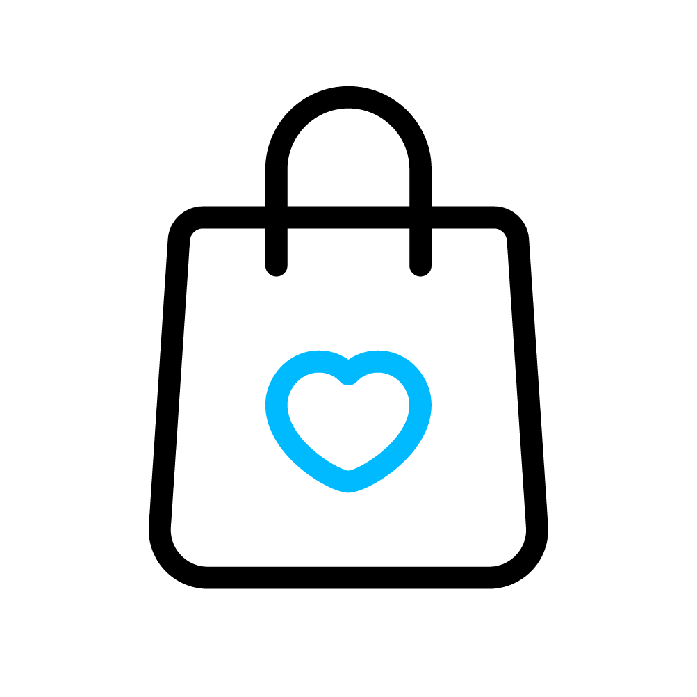 Ícone Loggi representando uma sacola em traços pretos e um coração azul no meio.