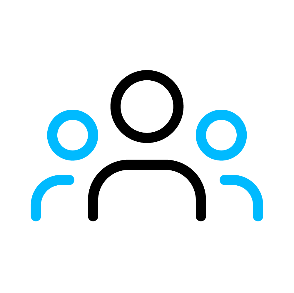 Ícone Loggi representando diversidade sendo três pessoas, uma em traços pretos no meio e uma em cada ponta em traços azuis.