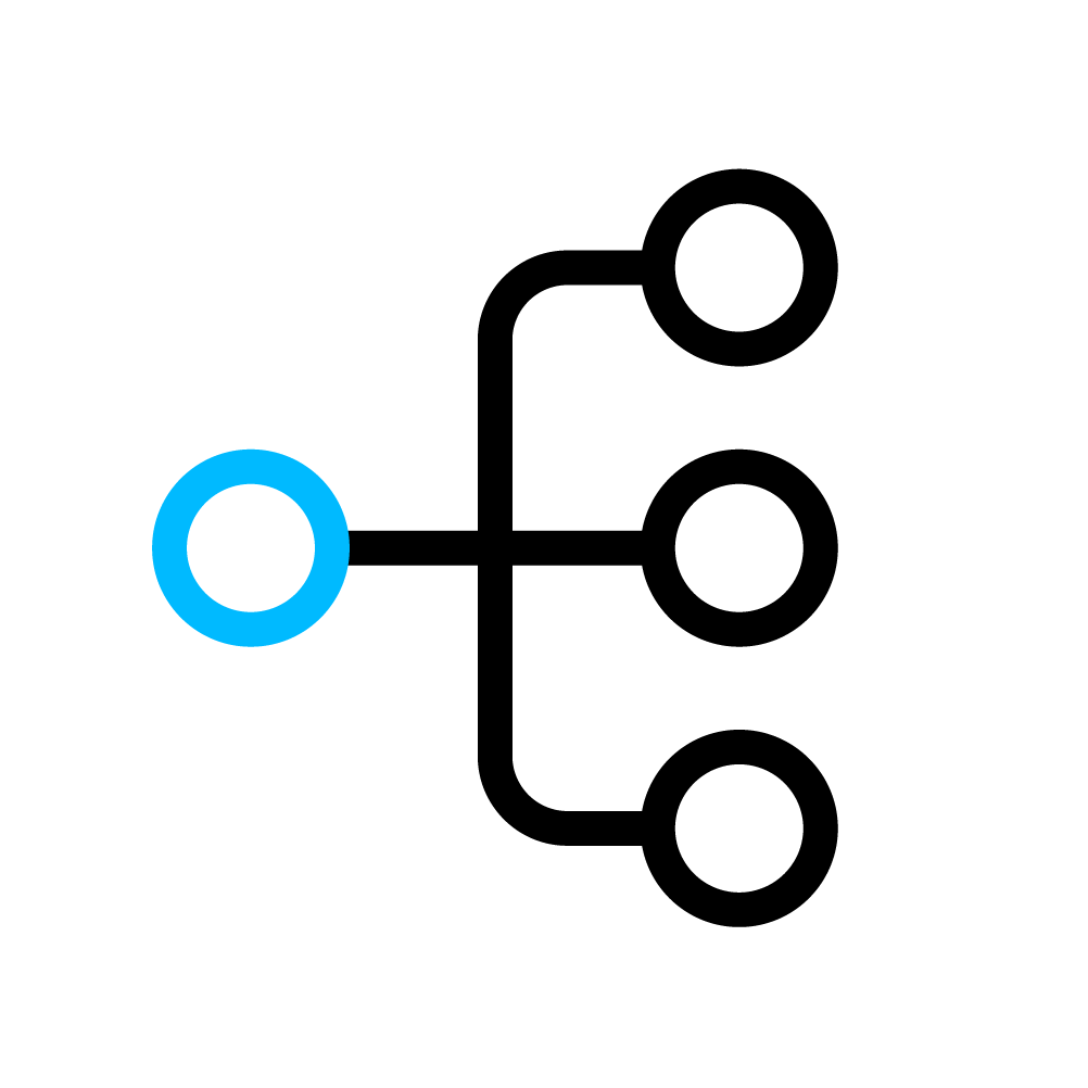 Ícone Loggi representando integração sendo um círculo azul ligado a outros três círculos pretos.