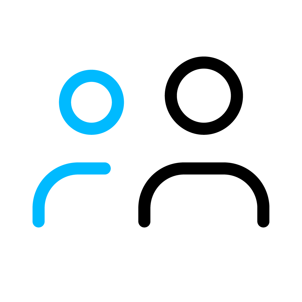 Ícone Loggi representando usuários, sendo duas pessoas, uma atrás da outras, uma feita em traços pretos, outra em traços azuis.