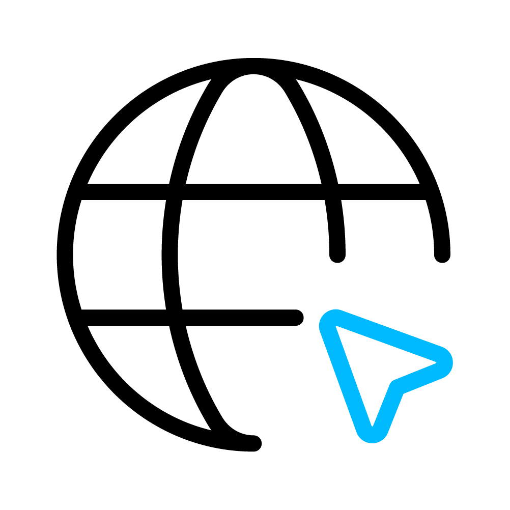 Ícone Loggi representando sinal de internet sendo um globo desenhado com linhas pretas e uma seta em linhas azuis.