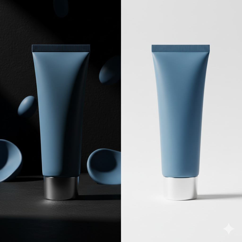 Comparativo de foto sem luz e com luz adequada ilustrando um cosmético em bisnaga azul como tirar foto de produtos para vender​