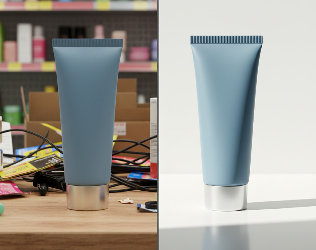 Comparativo entre foto de um cosmético de bisnaga azul com fundo bagunçado e foto do produto com fundo neutro e iluminação adequada, sugerindo como tirar foto de produtos para vender​