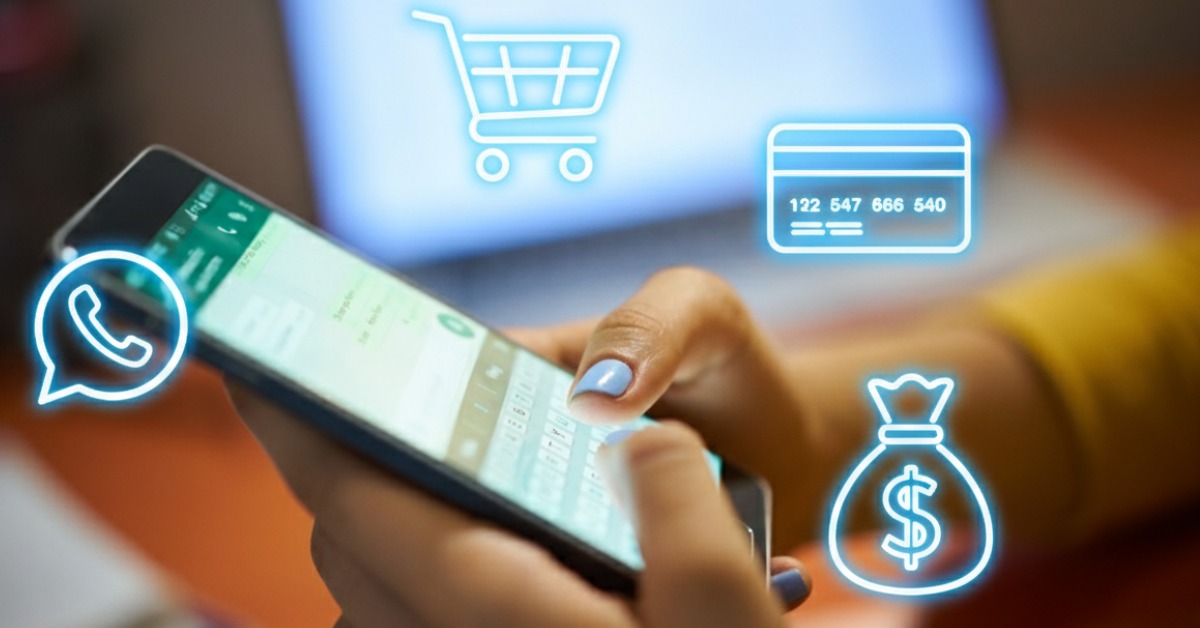 Mulher digitando em celular e utilizando lista de transmissão WhatsApp