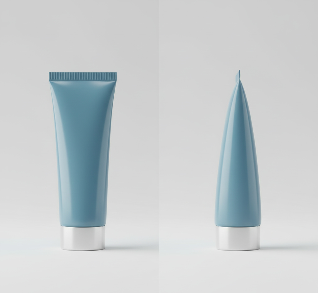 Foto de um cosmético de bisnaga azul de frente e de lado representando como tirar foto de produtos para vender​