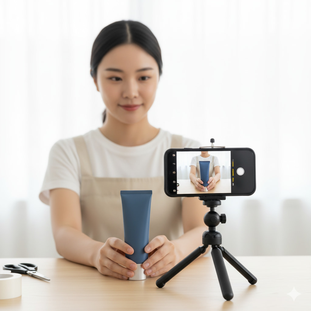 Mulher tira foto de produto cosmético de bisnaga azul com auxílio de tripé e celular, ilustrando como tirar foto de produtos para vender