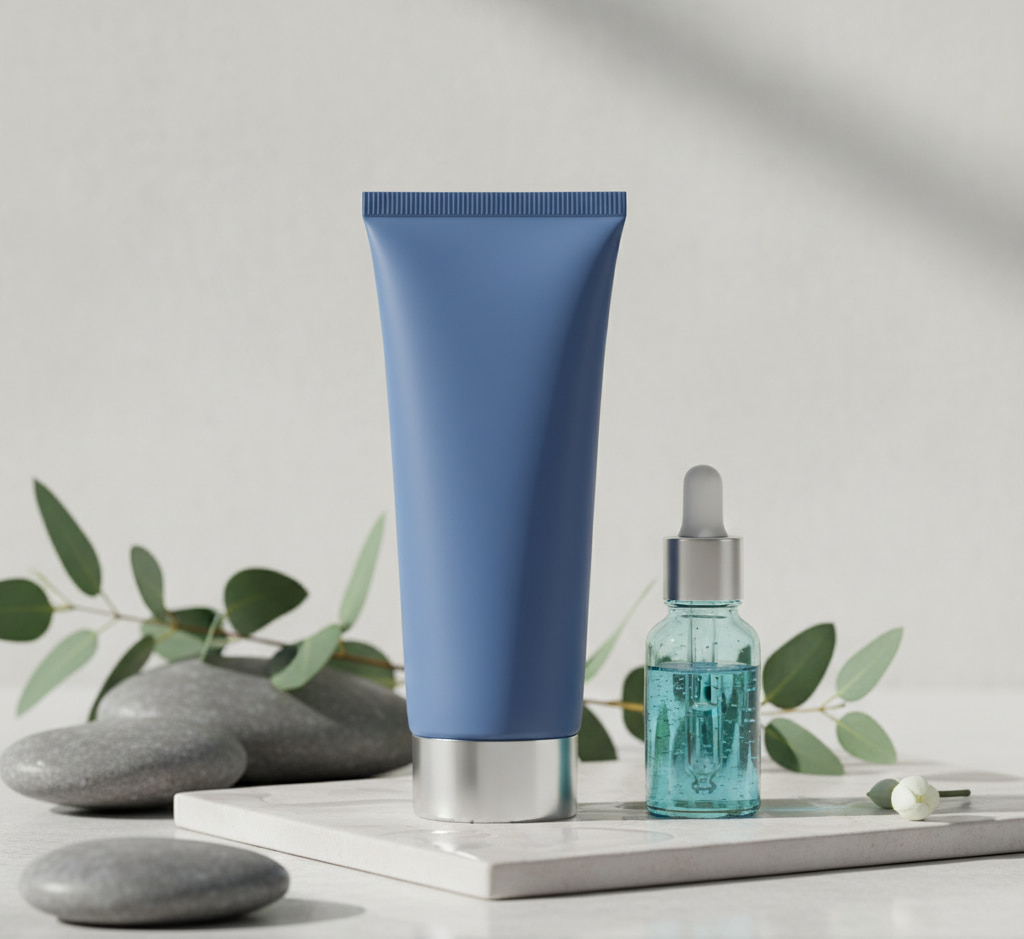 Foto de um cosmético de bisnaga azul acompanhado de um sérum em um cenário ambientado para cosméticos representando como tirar foto de produtos para vender​