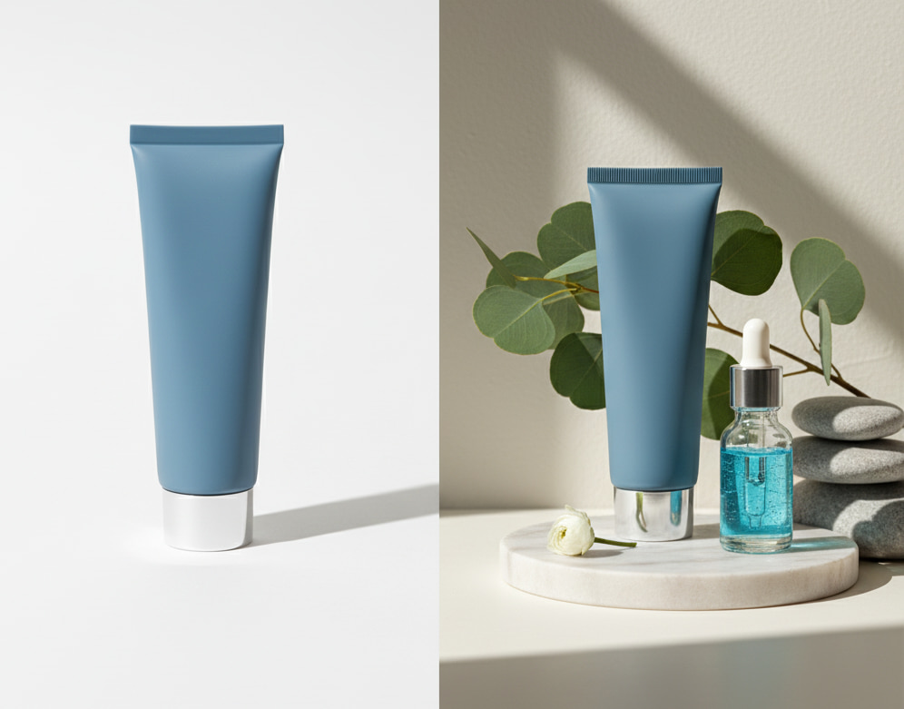 Comparativo de foto de produto para vender com cosmético de bisnaga azul com fundo simples e com cenário composto