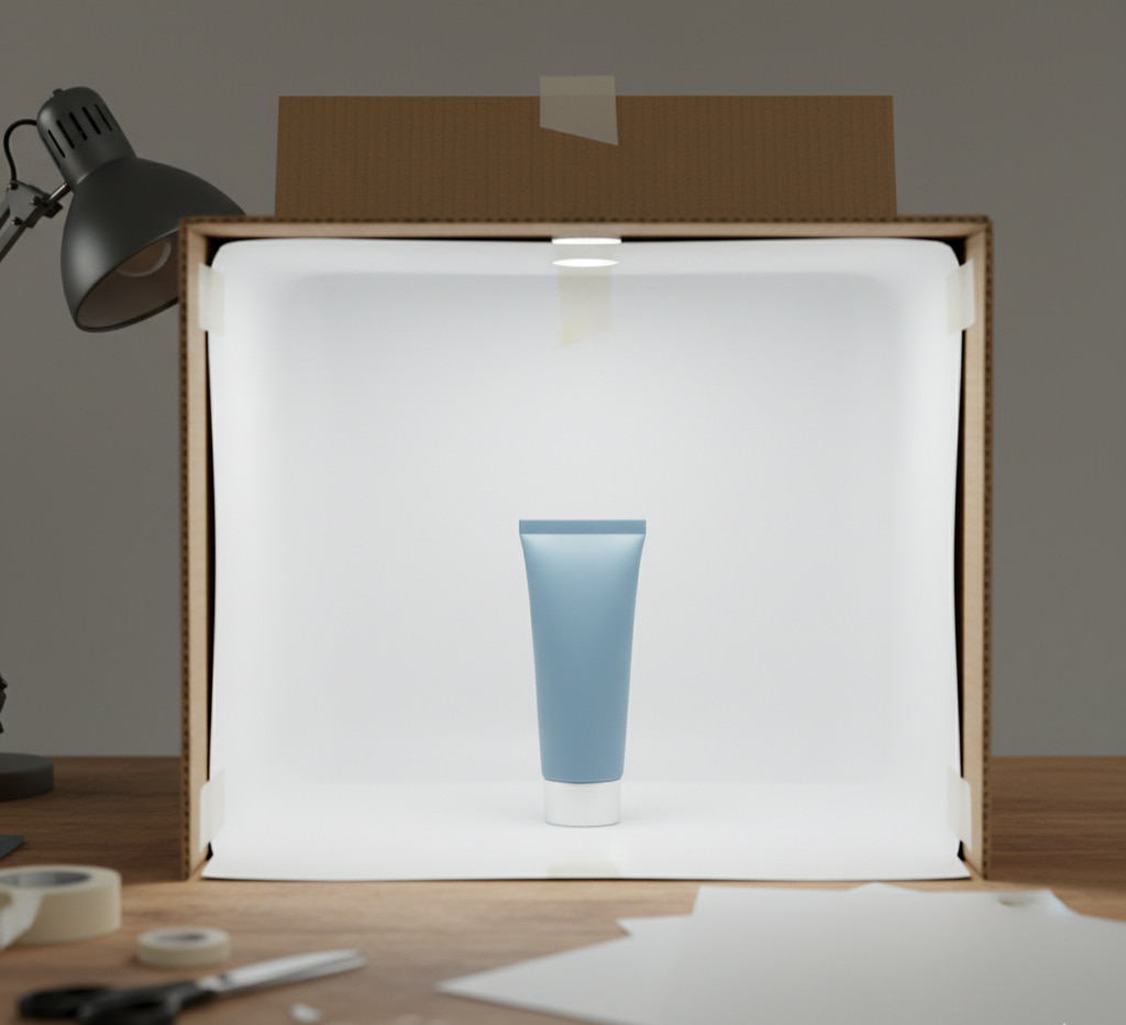 Foto de um cosmético de bisnaga azul em uma lightbox caseira com fundo branco, ensinando como tirar foto de produtos para vender​

