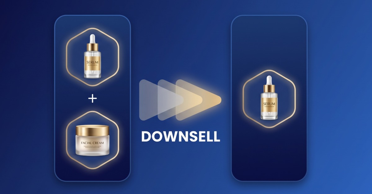 Ilustração de downsell sugerindo uma compra inicial com dois produtos e após o downsell somente com um