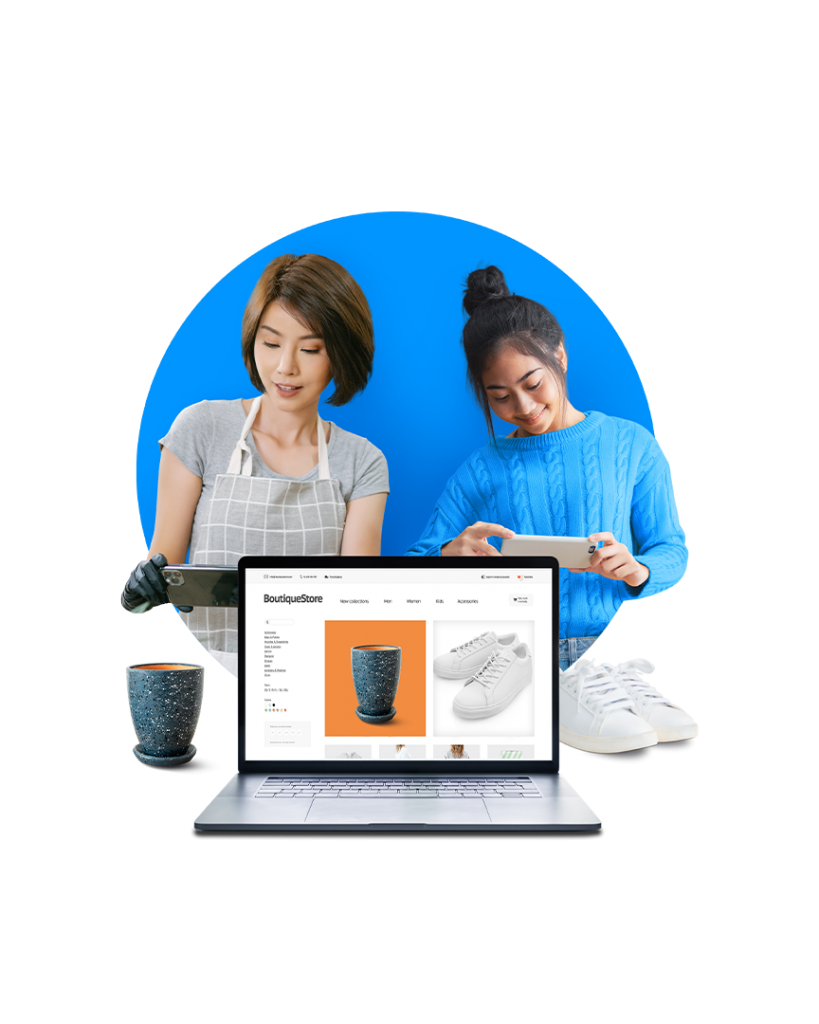 Mulheres tirando fotos de produtos com celulares: uma caneca esverdeada e um tênis branco. Também um notebook com um e-commerce na tela mostrando os dois produtos fotografados.