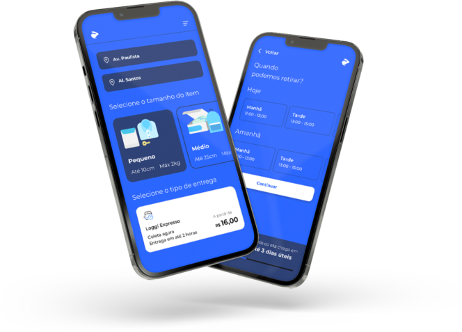 Celulares apresentando aplicativo de envios Loggi com o serviço Loggi Expresso